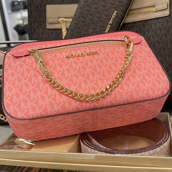 Michael Kors Jet Set Item Large East West Zip Chain Crossbody Grapefruit - Picture 7 of 16